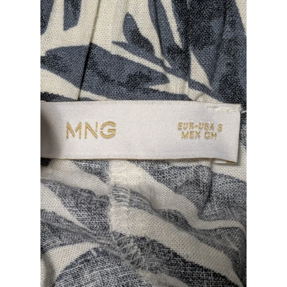 MNG MANGO Women Small Blue Ivory Linen Blend‎ AOP Pull-on Wide-Leg Cropped Pants